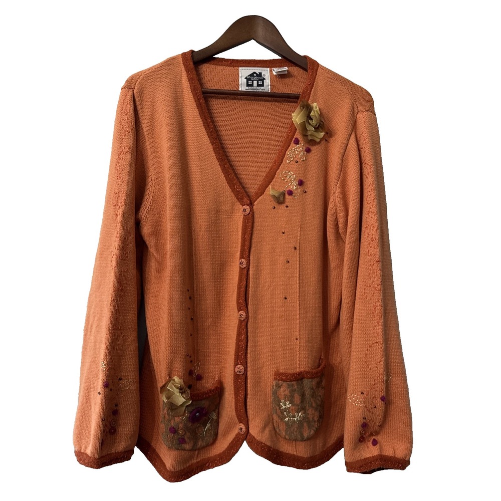 Storybook Knits cardigan large orange floral Autumn Fall pumpkin sequin bead HSN